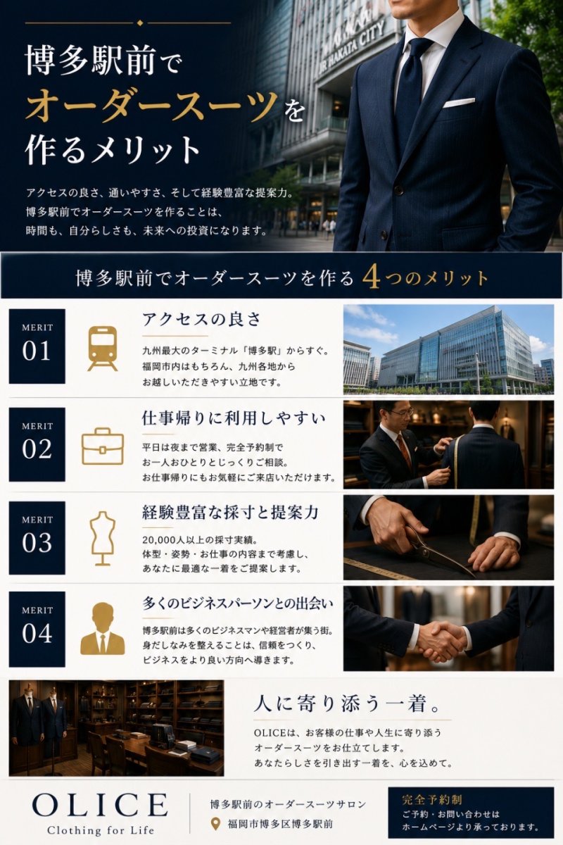 「博多駅前でオーダースーツを作るメリット」