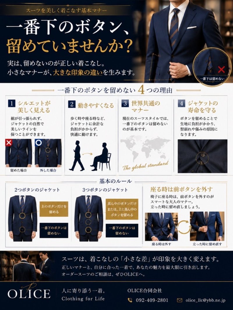 「ジャケットの一番下のボタンを留めない理由」
