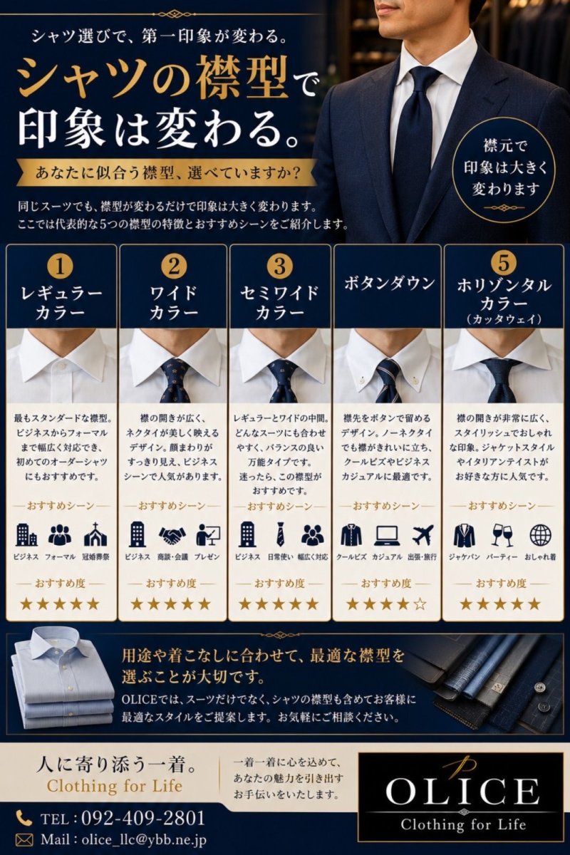 「シャツの襟型の違い」