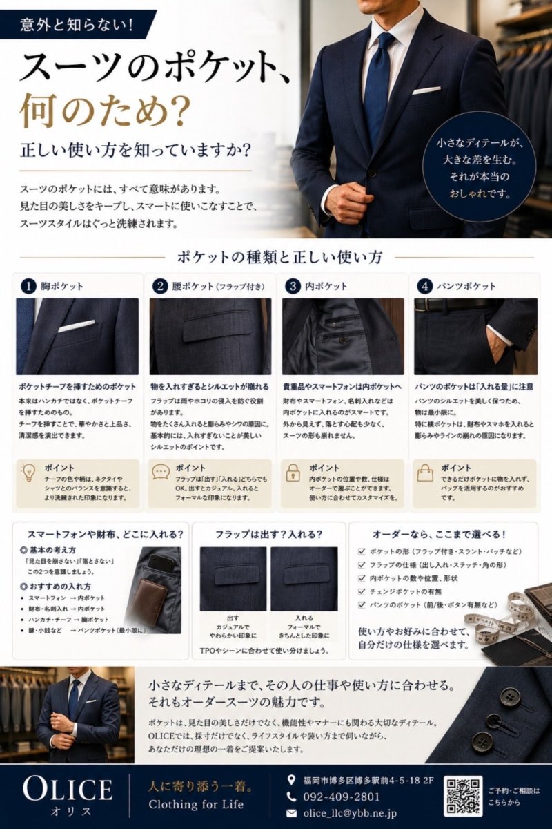 「スーツのポケット、何のため？意外と知らない正しい使い方」