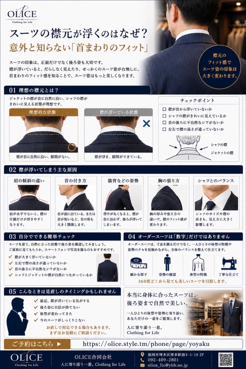 スーツの襟元が浮くのはなぜ?意外と知らない「首まわりのフィット」
