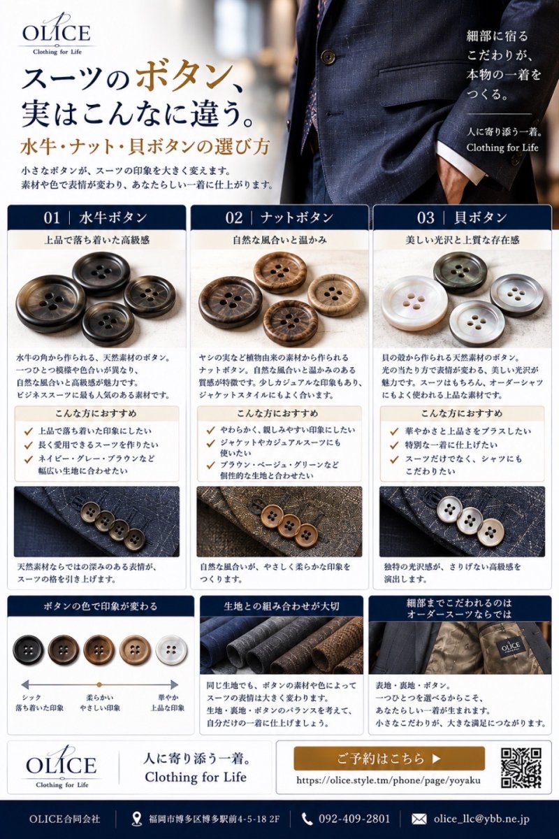 スーツのボタン、実はこんなに違う。水牛・ナット・貝ボタンの選び方