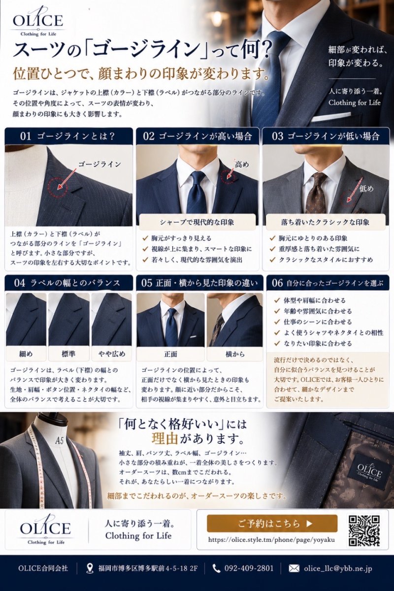 スーツの「ゴージライン」って何？位置ひとつで顔まわりの印象が変わります